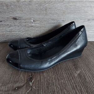 COLE HAAN Elsie Cap Toe II Low Wedge Black Leather Comfort Shoe Women's 10.5